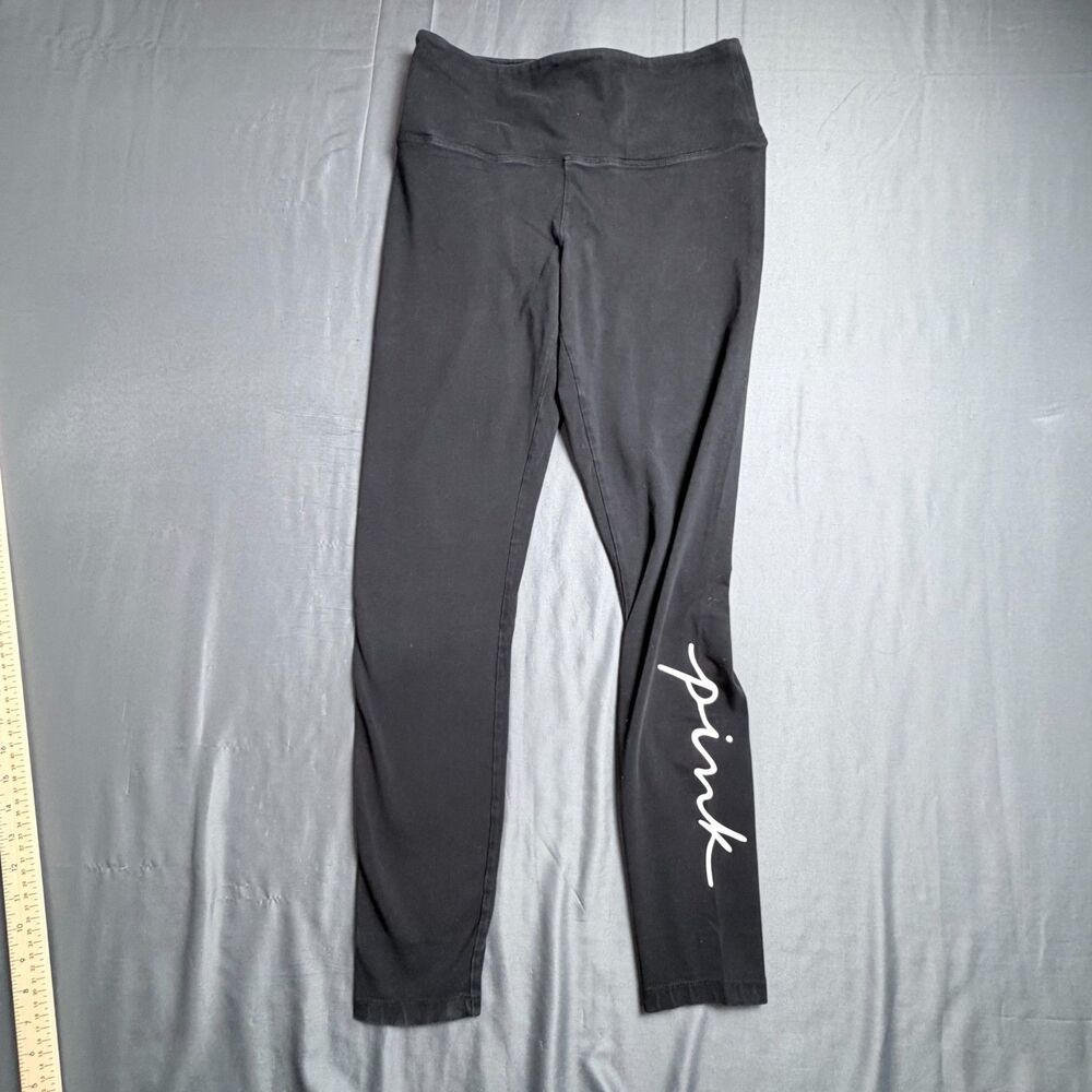 Victoria's Secret Black Leggings with PINK Cursive Logo on Calf Size Medium